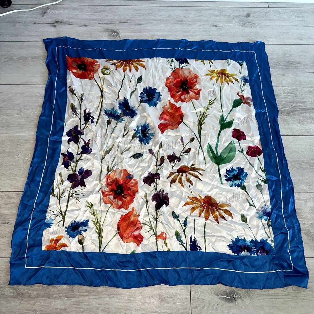 NWOT Politics White Blue Multi Floral Print Silk Blend Scarf Women's - Picture 3 of 8